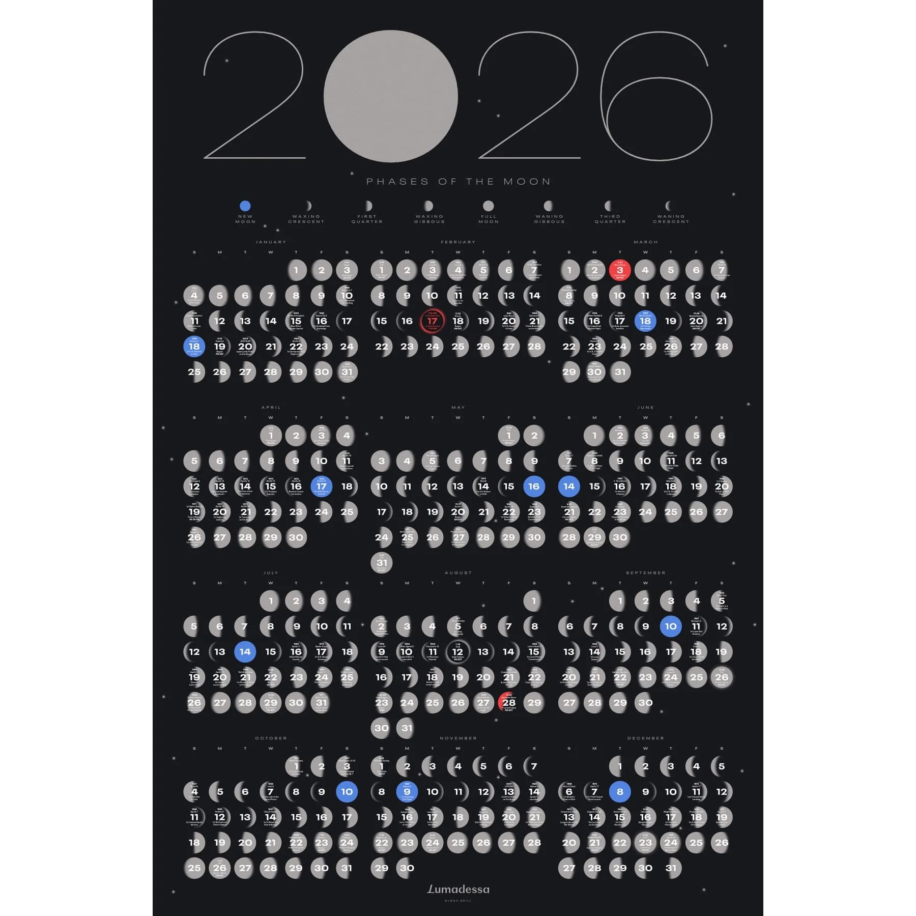 Lumadessa | 2026 Moon Phase Calendar - Space Black by Josh Brill